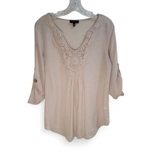 Spense Cream Boho Peasant Medium Top Crochet Tunic Tab Sleeve Gauzy Pleated Airy
